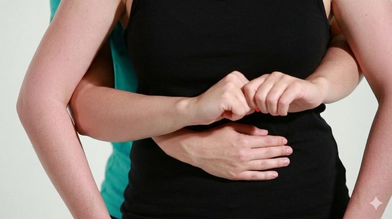 Demonstration of the Heimlich maneuver hand positioning