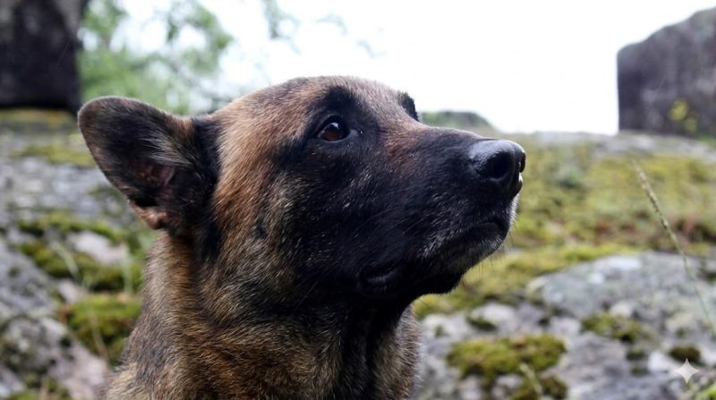 German Shepherd search and rescue dog in rugged terrain